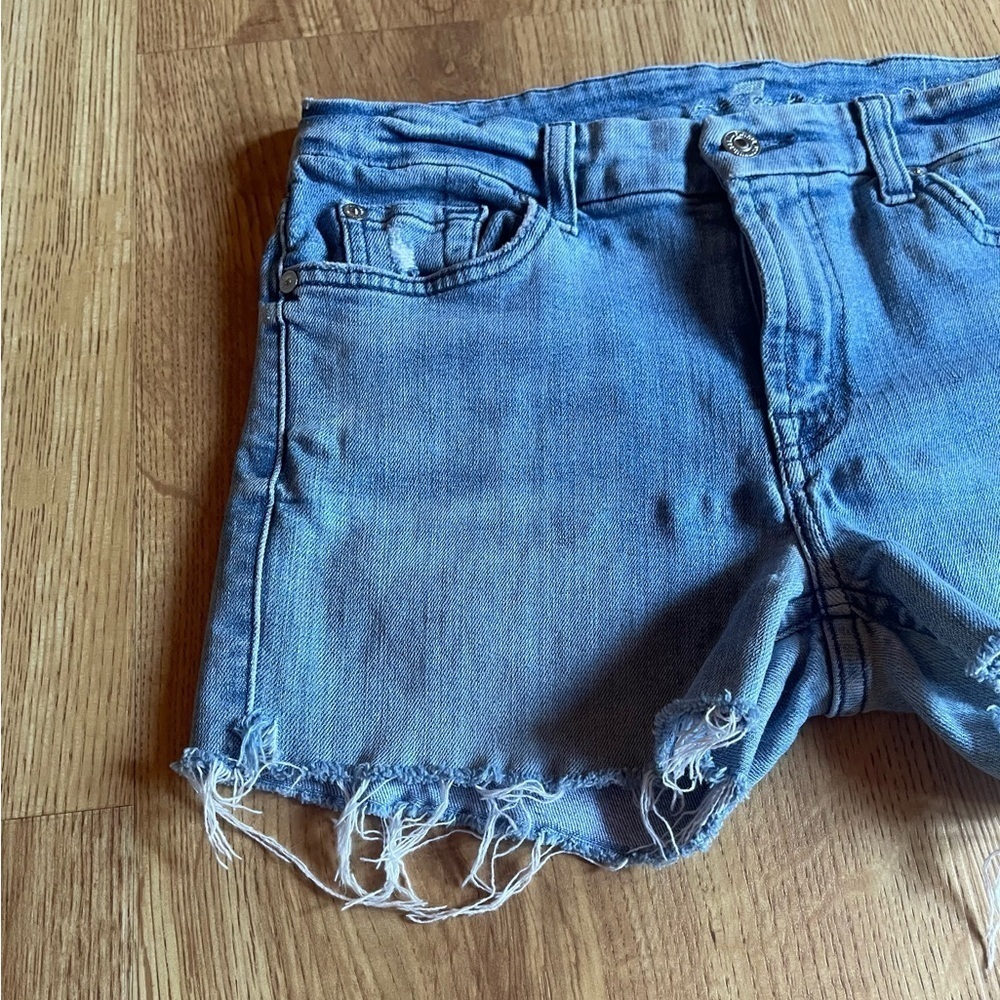 7 For All Man Kind Distressed Blue Denim Shorts - Picture 3 of 8